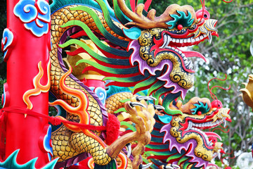 tradition chinese dragon statue pole background.