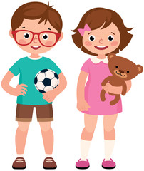 Children boy and girl holding toy teddy bear and soccer ball vector illustration