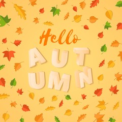 Word AUTUMN composition with green yellow red leaves on yellow background in paper cut style. Fall leaf 3d realistic letters for design poster, banner, flyer T-shirt printing. Vector card illustration