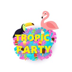 Words TROPIC PARTY composition with creative pink blue jungle leaves ice cream and birds on white background in paper cut style. Tropical flamingo toucan for design flyer, T-shirt printing. Vector.