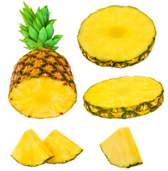 Pineapples isolated. Fresh sliced Pineapple  collection   isolated on white background. Tropical fruits Set.