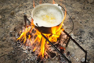 kettle is on the fire top view