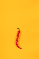 Red hot chili pepper on yellow surface. Beautiful food art background