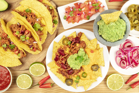 Overhead photo of assortment of Mexican food