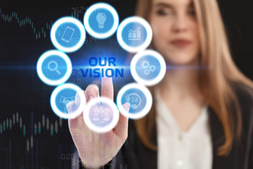 The concept of business, technology, the Internet and the network. A young entrepreneur working on a virtual screen of the future and sees the inscription: Our vision
