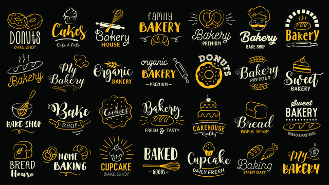 Bakery logotypes set. Bakery typography, logos, badges, labels, icons and objects.
