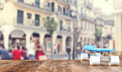 skateboard and city landscape. 