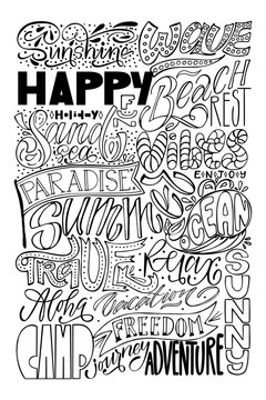 Big vector set, lettering calligraphy. Wave, happy, holiday, beach, rest, sand, sea, vibes, paradise, enjoy, summer, ocean, travel, relax, aloha, vacation, sunny, camp, freedom, journey, adventure