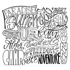Big travel vector design set, lettering collection. Hand calligraphy: paradise, enjoy, summer, ocean, travel, relax, aloha, vacation, sunny, camp, freedom, journey, adventure. For logo, banner, prints