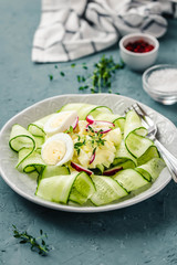 Egg avocado sliced cucumber salad. Selective focus, space for text.