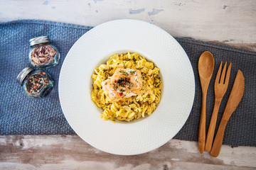 Smoked Salmon fusilli Pasta with Cream Sauce and boletus dill