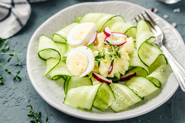 Egg avocado sliced cucumber salad. Selective focus, space for text.