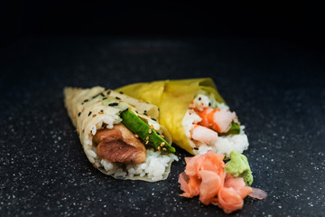 Japanese food Salmon and shrimp temaki sushi
