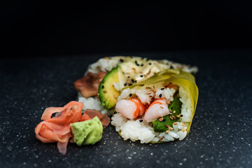 Japanese food Salmon and shrimp temaki sushi