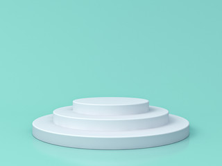 Blank white podium isolated on blue green pastel color background with reflections and shadows 3D rendering