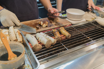 BBQ Teriyaki French Horn Mushroom selling on Feng Chia night market , street food night market in Taichung , Taiwan