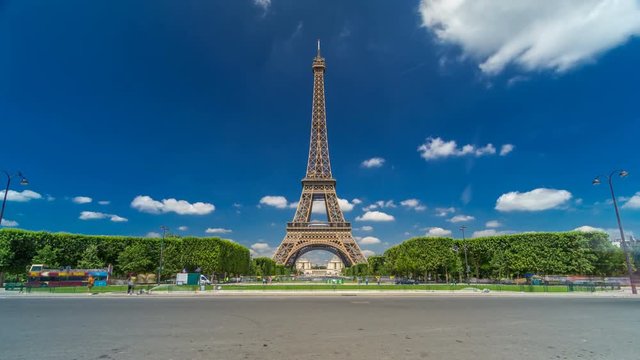 Eiffel Tower on Champs de Mars in Paris timelapse hyperlapse, France