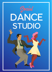 Poster for dance studio. Flyer or element of advertizing for social dances studio. Flat vector illustration. Dance party poster template, event flyer invitation.