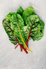 Fresh raw swiss rainbow chard leaves on gray stone background.