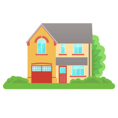 Fototapeta premium Modern cottage house isolated on white background. Front view. Vector Illustration in Flat Style