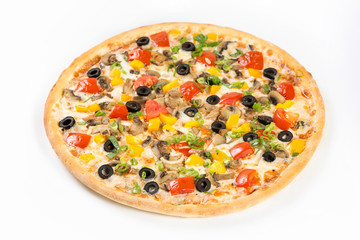 Fresh Vegetarian pizza with mozzarella over white background