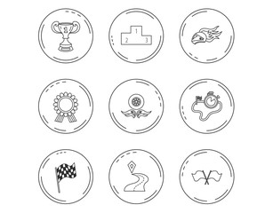 Winner cup and award icons. Race flag signs.