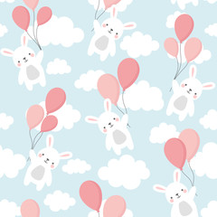 Nahtloser Kaninchen-Muster-Hintergrund, glückliches süßes Häschen, das zwischen bunten Ballons und Wolken in den Himmel fliegt, Karikatur-Hasen-Bären-Vektorillustration für Kinder