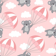 Seamless Koala Pattern Background, Happy cute koala volant dans le ciel entre les ballons colorés et les nuages, Cartoon Koala Bears Vector illustration pour les enfants