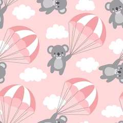 Tapeten Nahtloser Koala-Muster-Hintergrund, glücklicher süßer Koala, der zwischen bunten Ballons und Wolken in den Himmel fliegt, Karikatur-Koalabären-Vektorillustration für Kinder © Gabriel Onat