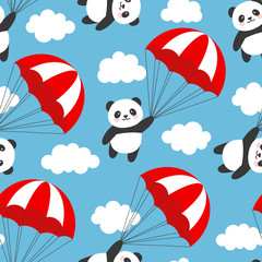 Nahtloser Panda-Muster-Hintergrund, glücklicher süßer Panda, der zwischen bunten Ballons und Wolken in den Himmel fliegt, Cartoon-Panda-Bären-Vektor-Illustration für Kinder