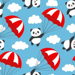 Badkamer foto achterwand Dieren met ballon Naadloze Panda patroon achtergrond, gelukkig schattige panda vliegen in de lucht tussen kleurrijke ballonnen en wolken, Cartoon Panda Bears vectorillustratie voor kinderen