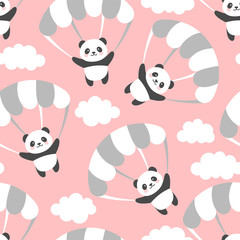 Seamless Panda Pattern Background, Happy cute panda flying in the sky between colorful balloons and clouds, Cartoon Panda Bears Vector illustration for Kids