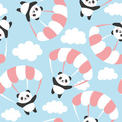 Naklejka premium Seamless Panda Pattern Background, Happy cute panda flying in the sky between colorful balloons and clouds, Cartoon Panda Bears Vector illustration for Kids