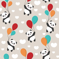 Seamless Panda Pattern Background, Happy cute panda volant dans le ciel entre les ballons colorés et les nuages, Cartoon Panda Bears Vector illustration pour les enfants