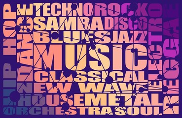 Main music genres list. Multicolor gradient tags. Textured by connected lines with dots.