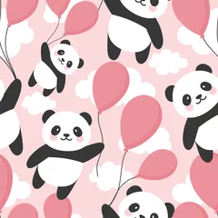 Photo sur Aluminium brossé Animaux avec ballon Seamless Panda Pattern Background, Happy cute panda volant dans le ciel entre les ballons colorés et les nuages, Cartoon Panda Bears Vector illustration pour les enfants