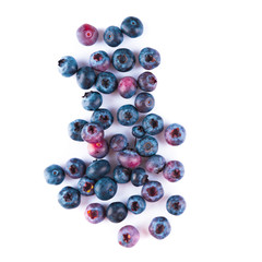 Fresh blueberries and leaves, berry frame isolated on white background, top view