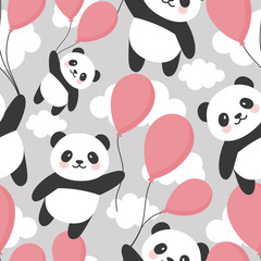 Seamless Panda Pattern Background, Happy cute panda flying in the sky between colorful balloons and clouds, Cartoon Panda Bears Vector illustration for Kids