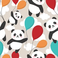 Rucksack Nahtloser Panda-Muster-Hintergrund, glücklicher süßer Panda, der zwischen bunten Ballons und Wolken in den Himmel fliegt, Cartoon-Panda-Bären-Vektor-Illustration für Kinder © Gabriel Onat