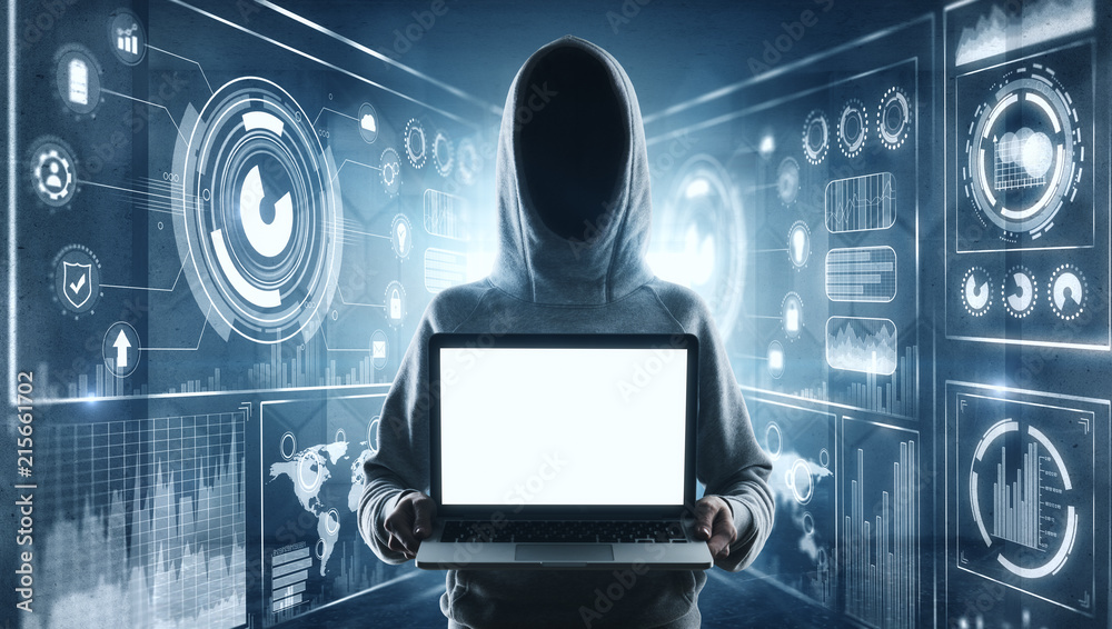 Aufkleber hacker with mockup laptop at digital background