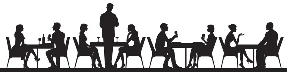 Poster Panorama van silhouetten van mensen die eten en drinken in een café of restaurant Vectorbeelden © Julia