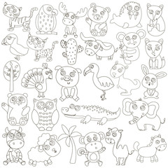 Cute outlined animals for coloring. Vector illustration.
