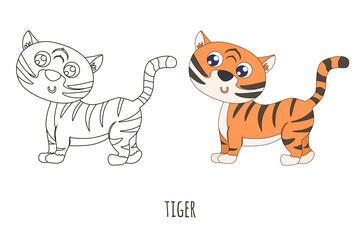 Fototapeta na wymiar Black and white and colored cute tiger vector illustration. Coloring page