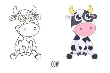 Black and white and colored cute cow vector illustration. Coloring page