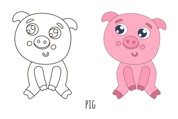 Black and white and colored cute pig vector illustration. Coloring page