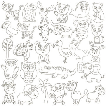 Cute outlined animals for coloring. Vector illustration.