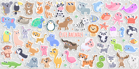 Big set of cute cartoon animal stickers vector illustration. Flat design. - 215662366
