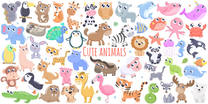 Big set of cute cartoon animals vector illustration. Flat design.
