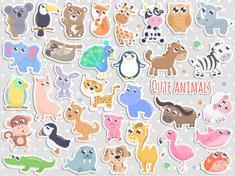 Big set of cute cartoon animal stickers vector illustration. Flat design.
