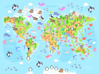 Vektorillustration der Weltkarte mit Tieren für Kinder. Flaches Design.